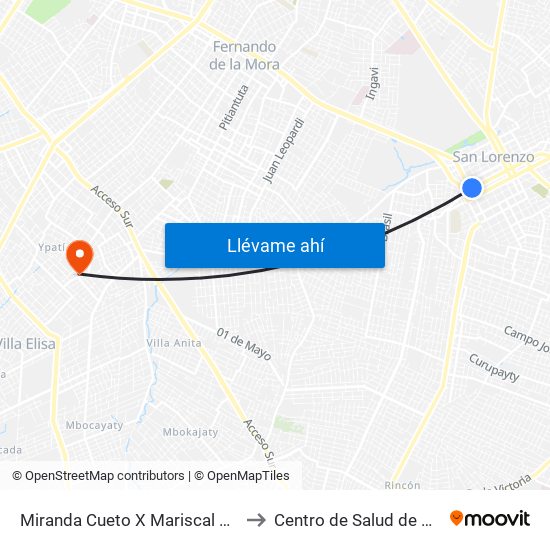 Miranda Cueto X Mariscal Estigarribia to Centro de Salud de Villa Elisa map