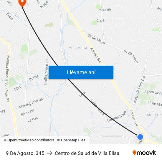 9 De Agosto, 345 to Centro de Salud de Villa Elisa map