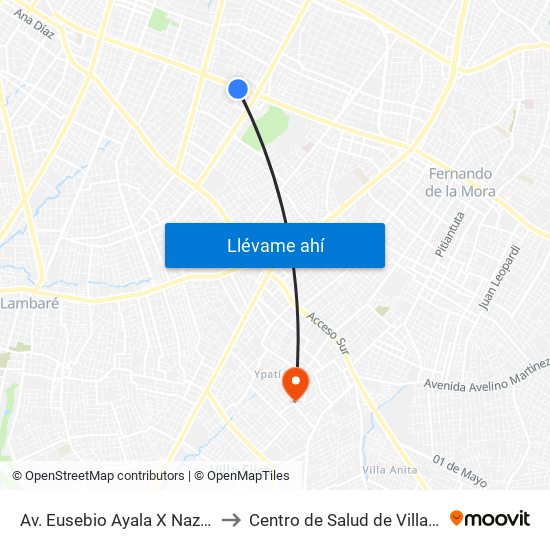 Av. Eusebio Ayala X Nazareth to Centro de Salud de Villa Elisa map