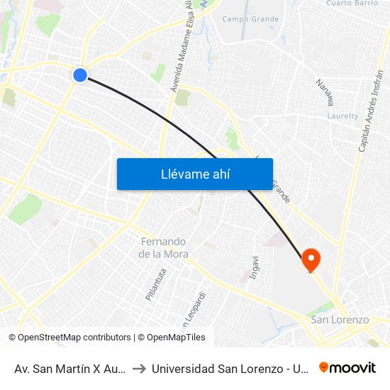 Av. San Martín X Austria to Universidad San Lorenzo - UNISAL map