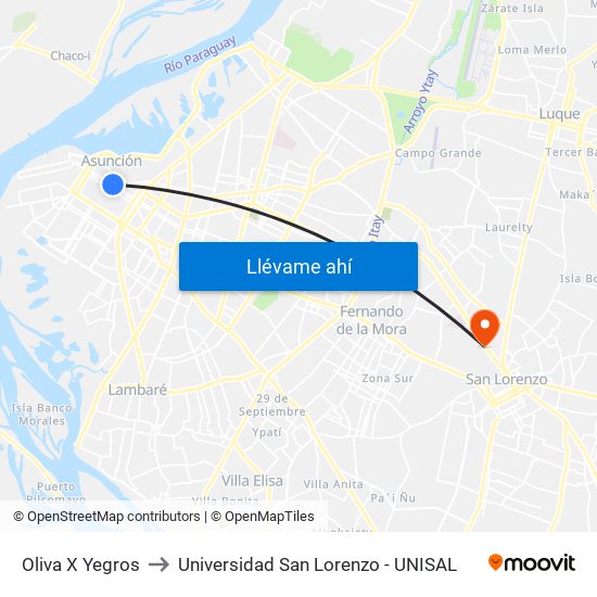 Oliva X Yegros to Universidad San Lorenzo - UNISAL map