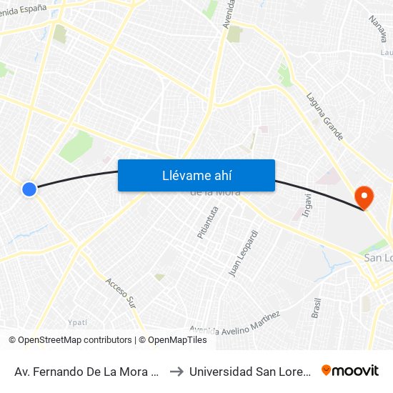 Av. Fernando De La Mora X Av. Argentina to Universidad San Lorenzo - UNISAL map