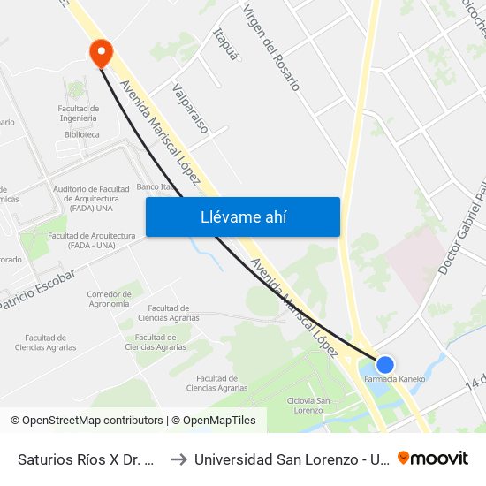 Saturios Ríos X Dr. Pellón to Universidad San Lorenzo - UNISAL map
