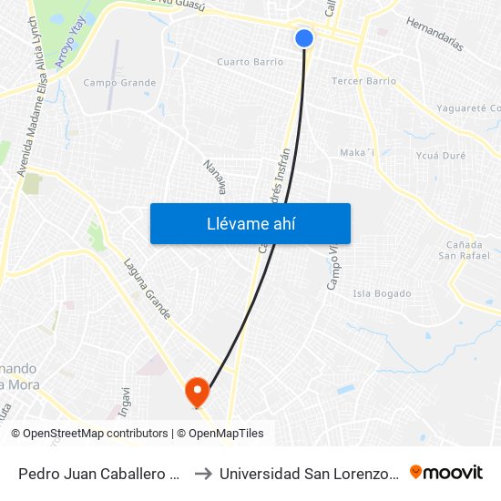 Pedro Juan Caballero X Herrera to Universidad San Lorenzo - UNISAL map