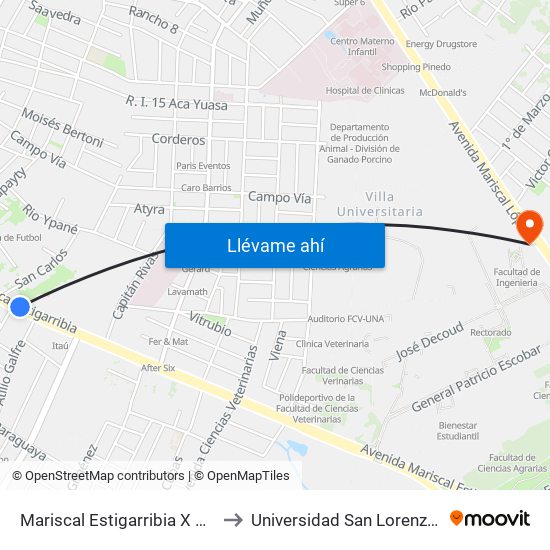 Mariscal Estigarribia X Atilio Galfre to Universidad San Lorenzo - UNISAL map