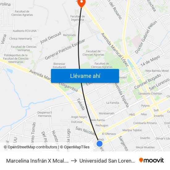 Marcelina Insfrán X Mcal. Estigarribia to Universidad San Lorenzo - UNISAL map