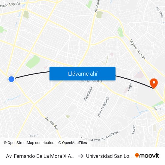 Av. Fernando De La Mora X Av. República Argentina to Universidad San Lorenzo - UNISAL map