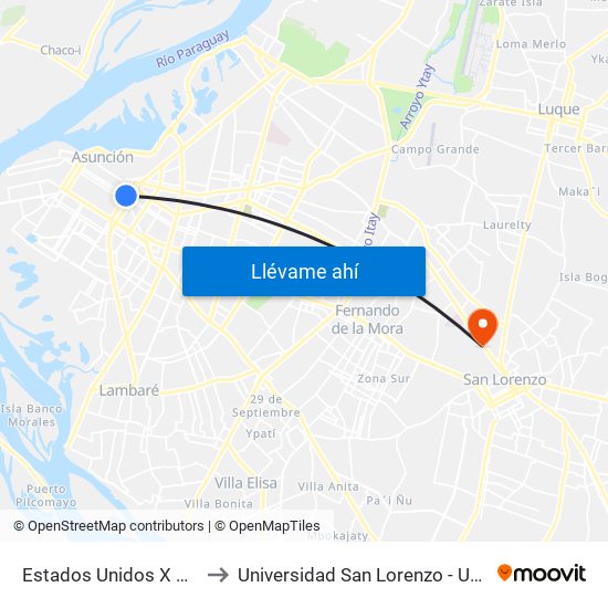 Estados Unidos X Azara to Universidad San Lorenzo - UNISAL map