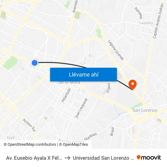 Av. Eusebio Ayala X Félix Lopéz to Universidad San Lorenzo - UNISAL map