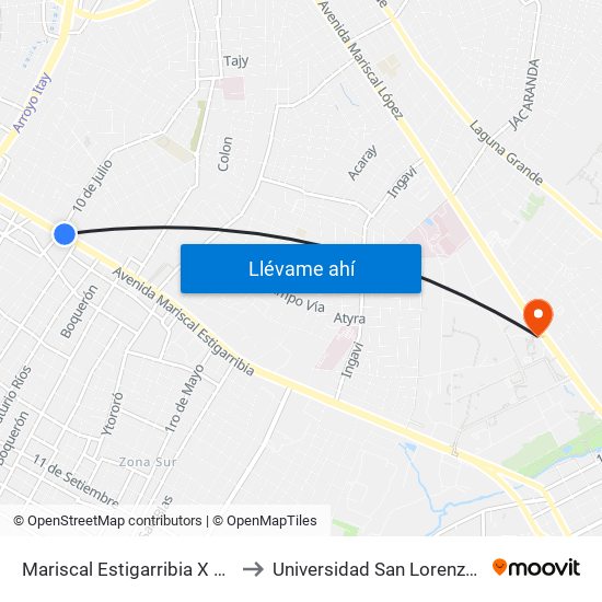 Mariscal Estigarribia X 10 De Julio to Universidad San Lorenzo - UNISAL map