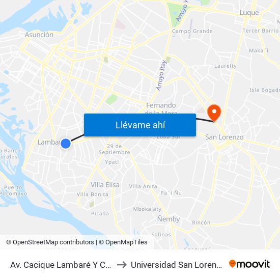 Av. Cacique Lambaré Y Calle Escobar to Universidad San Lorenzo - UNISAL map