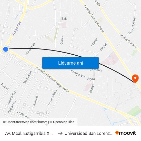 Av. Mcal. Estigarribia X 14 De Mayo to Universidad San Lorenzo - UNISAL map