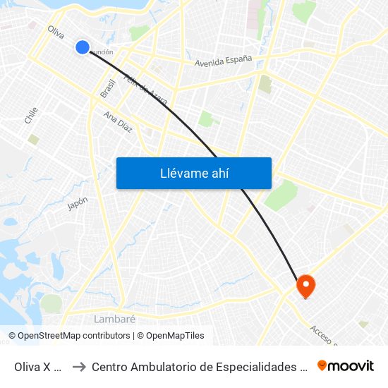 Oliva X Yegros to Centro Ambulatorio de Especialidades Alfonso Godoy (CAE) map