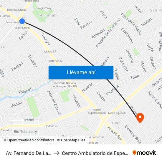 Av. Fernando De La Mora X Av. Argentina to Centro Ambulatorio de Especialidades Alfonso Godoy (CAE) map