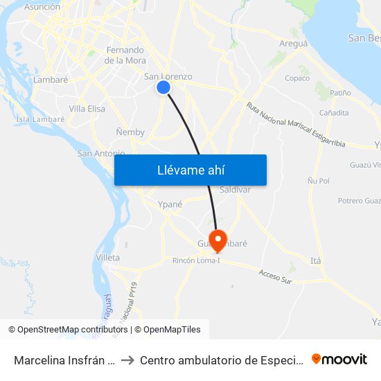 Marcelina Insfrán X Mcal. Estigarribia to Centro ambulatorio de Especialidades Medicas Guarambare. map