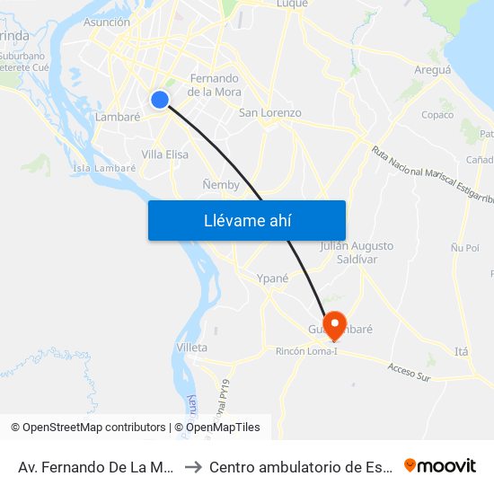 Av. Fernando De La Mora X Universitarios Del Chaco to Centro ambulatorio de Especialidades Medicas Guarambare. map