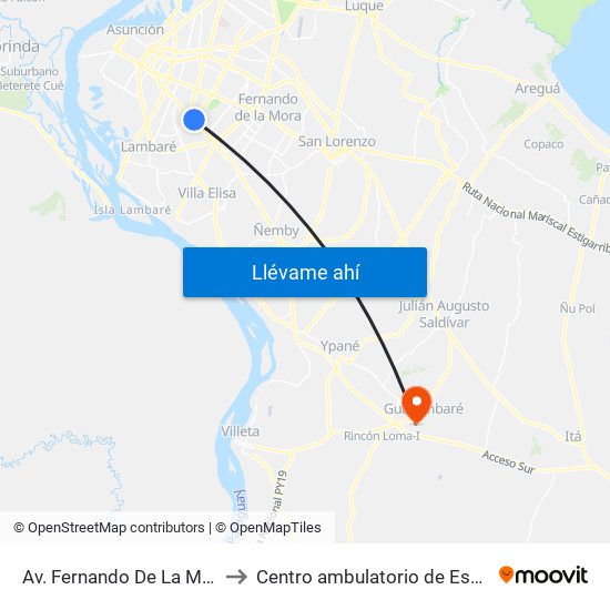 Av. Fernando De La Mora X Av. República Argentina to Centro ambulatorio de Especialidades Medicas Guarambare. map