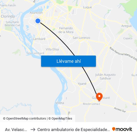 Av. Velasco X Brasil to Centro ambulatorio de Especialidades Medicas Guarambare. map