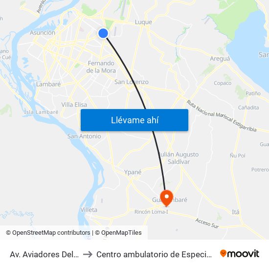 Av. Aviadores Del Chaco X Martínez to Centro ambulatorio de Especialidades Medicas Guarambare. map