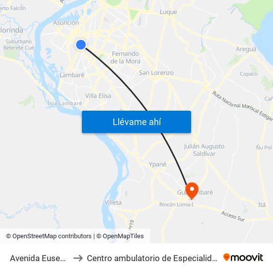 Avenida Eusebio Ayala, 995 to Centro ambulatorio de Especialidades Medicas Guarambare. map