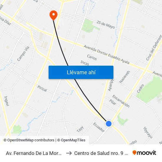 Av. Fernando De La Mora X Av. República Argentina to Centro de Salud nro. 9 Programa Test del Piecito map