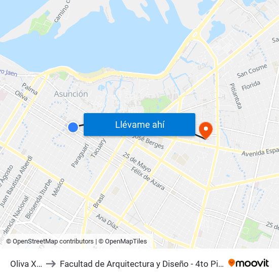 Oliva X Yegros to Facultad de Arquitectura y Diseño - 4to Piso (Univ. Columbia del Paraguay) map
