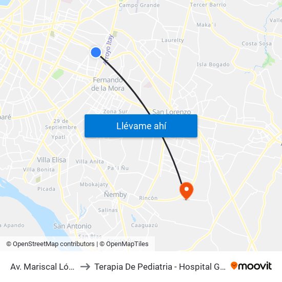 Av. Mariscal López X Capitán Bueno to Terapia De Pediatria - Hospital General Pediatrico "Niños De Acosta Ñu" map