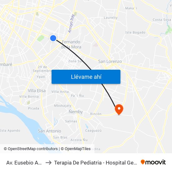 Av. Eusebio Ayala X Félix Lopéz to Terapia De Pediatria - Hospital General Pediatrico "Niños De Acosta Ñu" map