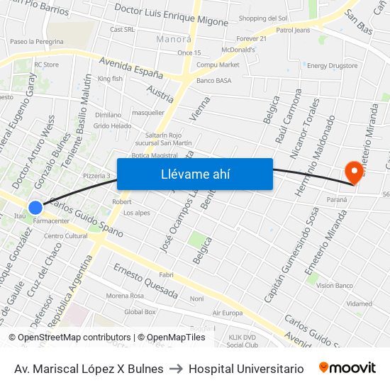 Av. Mariscal López X Bulnes to Hospital Universitario map