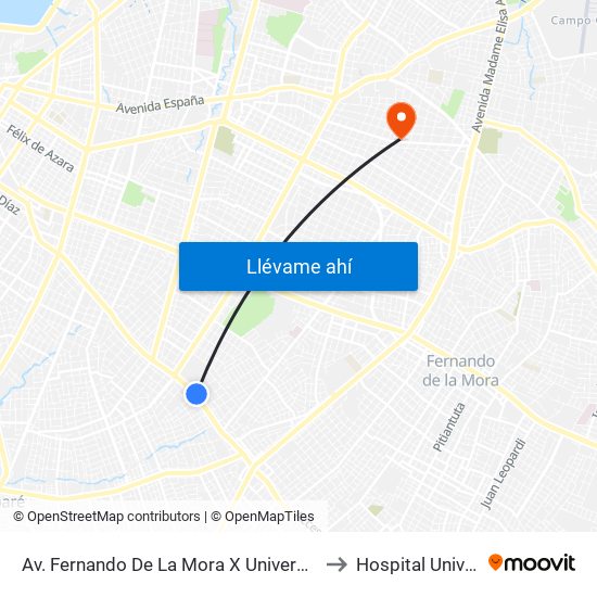Av. Fernando De La Mora X Universitarios Del Chaco to Hospital Universitario map