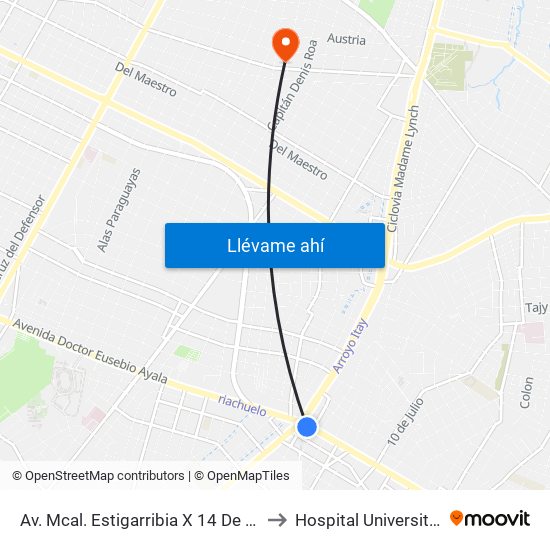 Av. Mcal. Estigarribia X 14 De Mayo to Hospital Universitario map