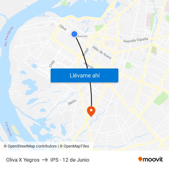 Oliva X Yegros to IPS - 12 de Junio map