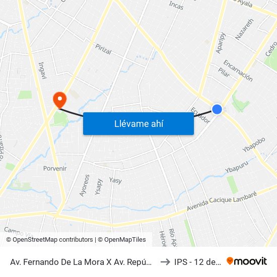 Av. Fernando De La Mora X Av. República Argentina to IPS - 12 de Junio map