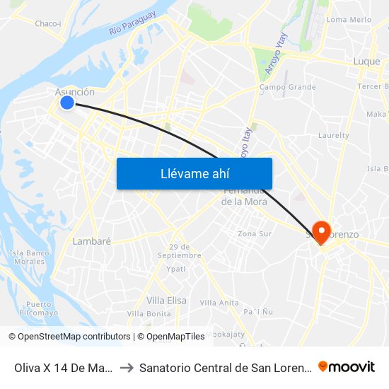 Oliva X 14 De Mayo to Sanatorio Central de San Lorenzo map
