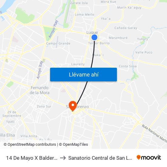 14 De Mayo X Balderrama to Sanatorio Central de San Lorenzo map