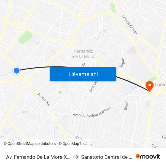 Av. Fernando De La Mora X De La Victoria to Sanatorio Central de San Lorenzo map