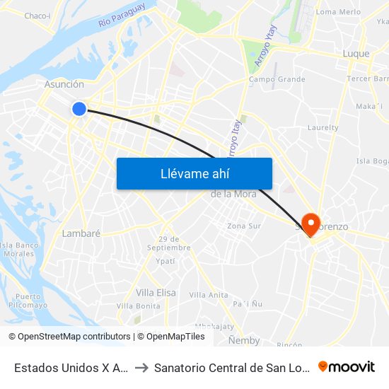 Estados Unidos X Azara to Sanatorio Central de San Lorenzo map