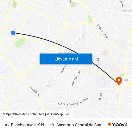 Av. Eusebio Ayala X Nazareth to Sanatorio Central de San Lorenzo map