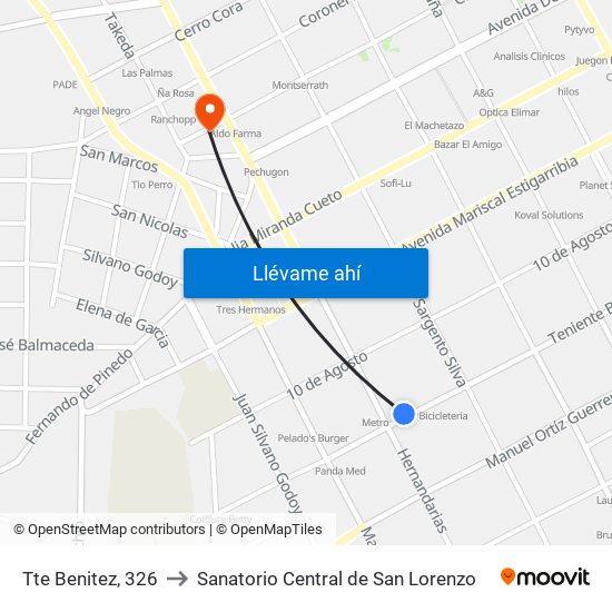 Tte Benitez, 326 to Sanatorio Central de San Lorenzo map