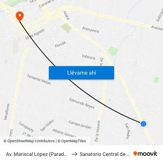 Av. Mariscal López (Parada Km. 17 (1/2)) to Sanatorio Central de San Lorenzo map