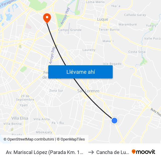 Av. Mariscal López (Parada Km. 17 (1/2)) to Cancha de Luque map
