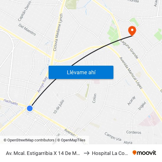 Av. Mcal. Estigarribia X 14 De Mayo to Hospital La Costa map