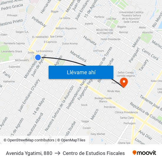 Avenida Ygatimi, 880 to Centro de Estudios Fiscales map