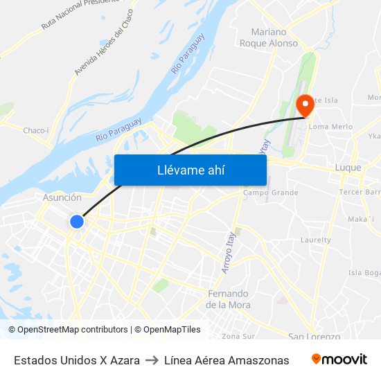 Estados Unidos X Azara to Línea Aérea Amaszonas map