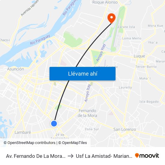 Av. Fernando De La Mora X De La Victoria to Usf La Amistad- Mariano Roque Alonso map