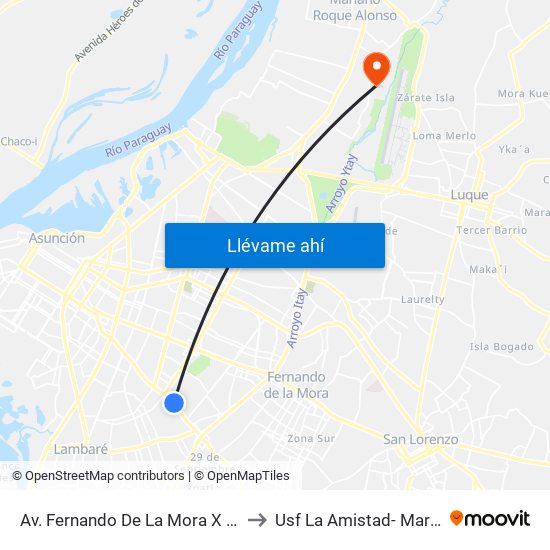 Av. Fernando De La Mora X Universitarios Del Chaco to Usf La Amistad- Mariano Roque Alonso map