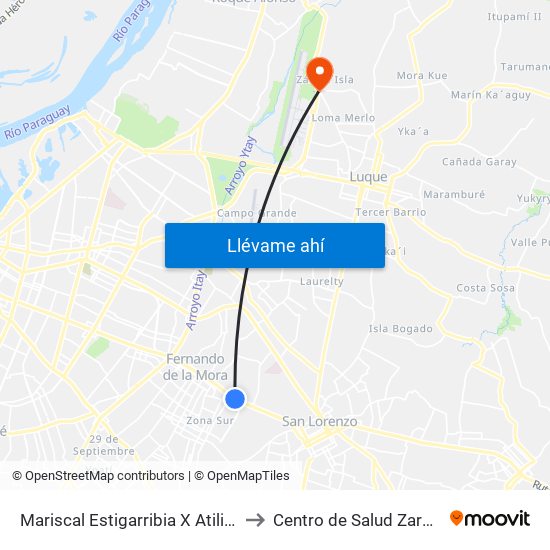Mariscal Estigarribia X Atilio Galfre to Centro de Salud Zarate Isla map