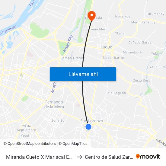 Miranda Cueto X Mariscal Estigarribia to Centro de Salud Zarate Isla map