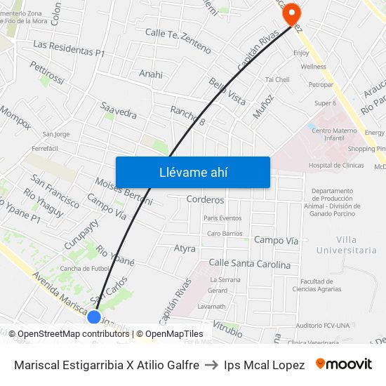 Mariscal Estigarribia X Atilio Galfre to Ips Mcal Lopez map