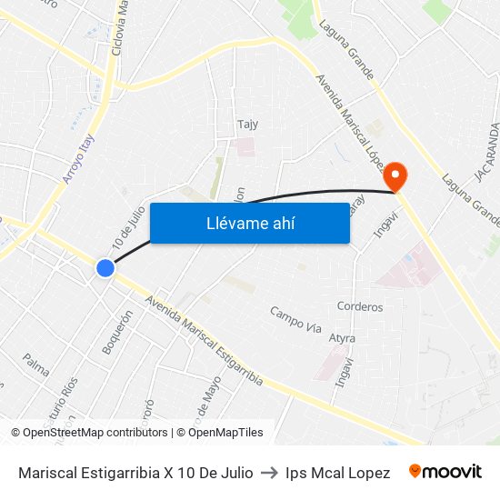 Mariscal Estigarribia X 10 De Julio to Ips Mcal Lopez map